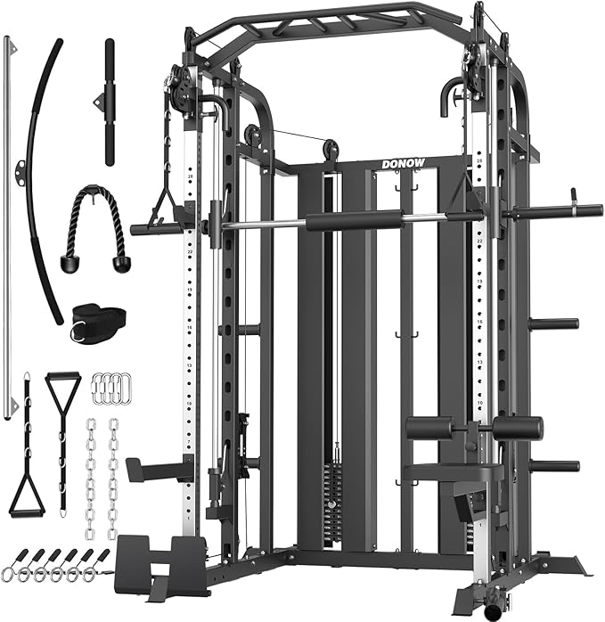 DONOW Smith Machine with Weight Stacks, Multi Function Home Gym System Training Power Cage Squat Rack Dual Cable Crossover Machine All in One