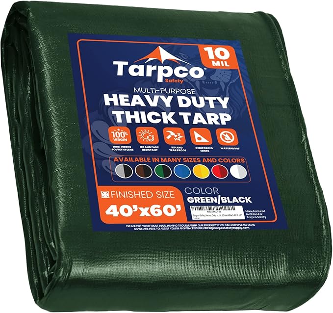 Tarpco Safety Heavy Duty 10 Mil Tarp Cover, Waterproof, UV Resistant, Rip and Tear Proof, Poly Tarpaulin with Reinforced Edges for Camping, Roof, Patio, Pool, Boat. (Green/Black 40′ X 60′)