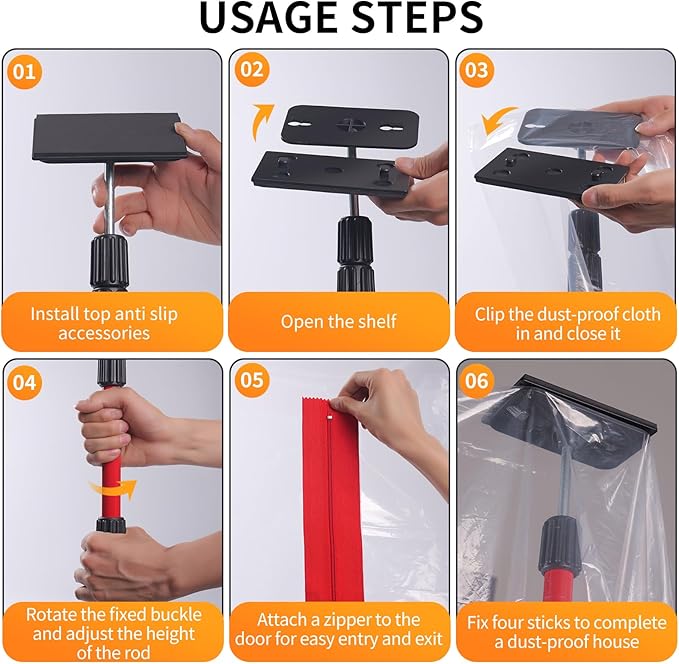 10FT Dust Barrier Poles Kit with Plastic Sheeting (32.8x13.1FT), 2 Heavy-Duty Zippers & Gloves – Telescoping Poles for Temporary Dust Barrier System, Home Renovation & Construction (4PCS)