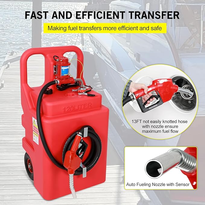 Gasoline Fuel Caddy Tank with Pump 32 Gallon, Portable Fuel Transfer Tank for Diesel & Gasoline with 12V 10GPM Electric Transfer Pump, Auto Fueling Nozzle, 13ft Hose, Sturdy Wheels