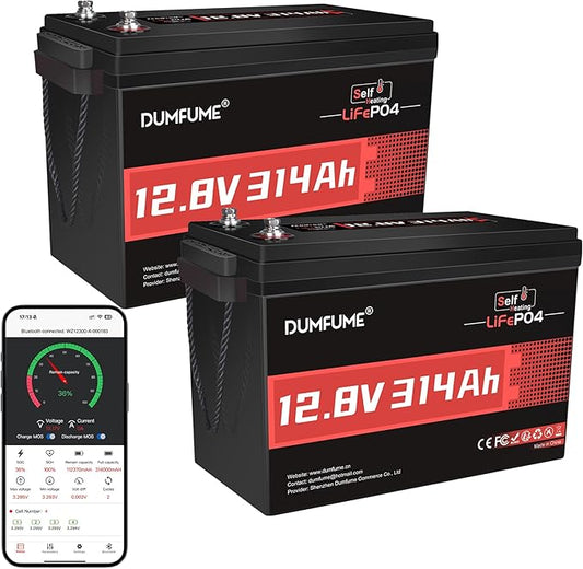 2 Packs Dumfume 12V 314Ah LiFePO4 Battery with Bluetooth Self-Heating, 200A BMS, 4019Wh Energy Deep Cycles Lithium Rechargeable Battery for RV,Solar Systems,Off-Grid Power