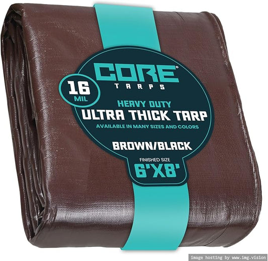 Core Tarps Extra Heavy Duty 16 Mil Tarp Cover, Waterproof, UV Resistant, Rip and Tear Proof, Poly Tarpaulin with Reinforced Edges for Roof, Camping, Patio, Pool, Boat (Brown/Black 6′ X 8′)
