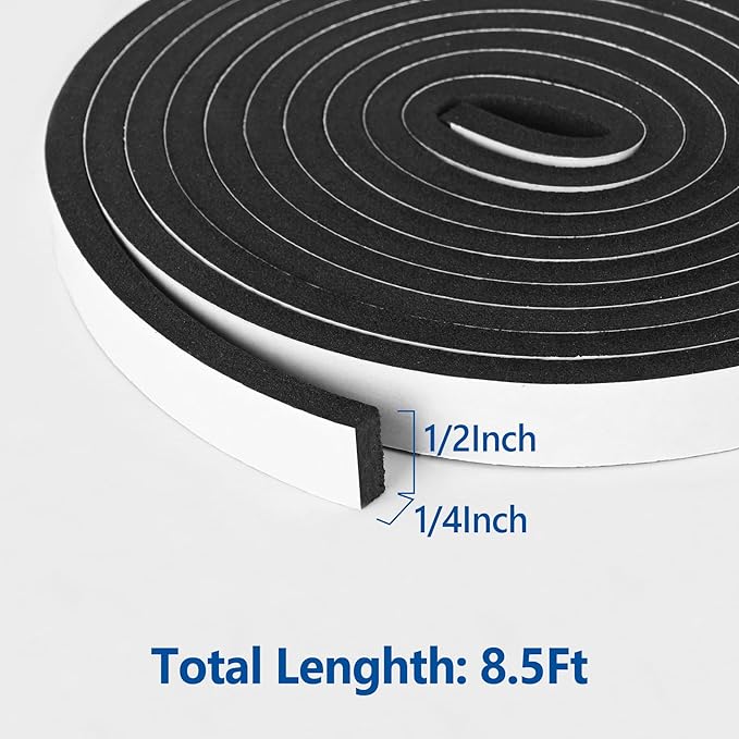 Self Adhesive Foam Tape Weatherstrip 1/2In x 1/4In x 8.5Ft High Density Foam Insulation Strips for Door and Window Sound Isolation Soundproofing