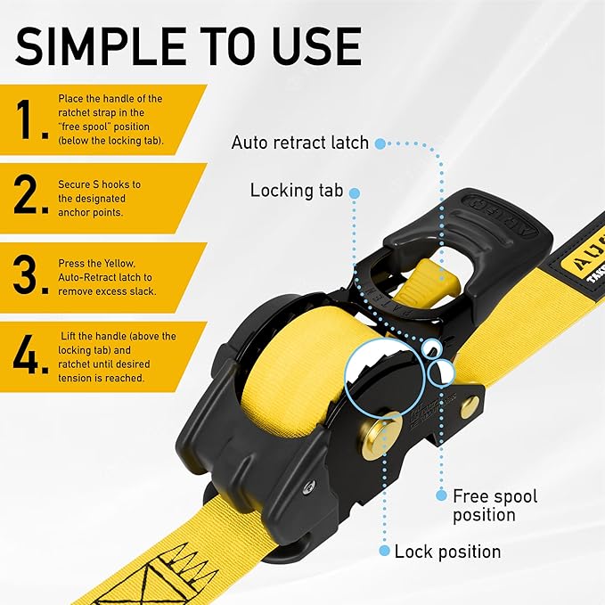 AUGO Retractable Ratchet Straps | 4 Heavy Duty Ratchet Straps Self Retractable Tie Down Straps with Soft Loops & Storage Bag for Motorcycle, Truck, Trailer, Cargo Van | 1200 Lb Break Strength 1” x 10’