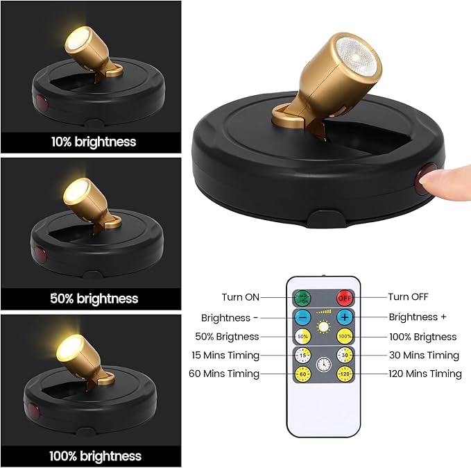 Wireless Spotlight Battery Operated, LED Picture Light, Accent Spot Light for Indoor Plant Tree, Puck Lights with Remote and Timer, Stick Display Uplighting for Painting Dartboard Wall Decor Art Photo