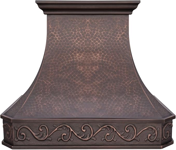 Custom Copper Range Hood Cover, Handmade Kitchen Hood with Powerful Range Hood Insert, Classic Stove Vent Hood with Straps & Rivets, 30"W x 42"H Island Mount,HCI00FT-304227