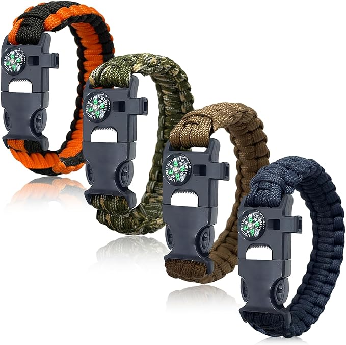 Survival Bracelets 4-Pack | 5-in-1 Paracord Bracelet Set with Fire Starter, Compass & Whistle | Emergency Outdoor Gear for Camping, Hiking