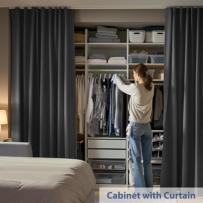 Room Divider Ceiling Mounted Curtains Track Sets Extra Wide Blackout Curtain Flexible Tracks for Bedroom Privacy Partition Separator, 1 Panel Black Drape and White Rail, W10 x H7ft