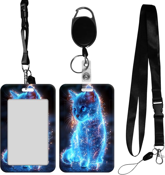 ID Badge Holder with Retractable Lanyard for Women & Men,Vertical ID Card Holder Wallet,Clear Window&Card Slot,Detachable Neck Strap for Nurse Teacher Office,Neon Blue Kitten