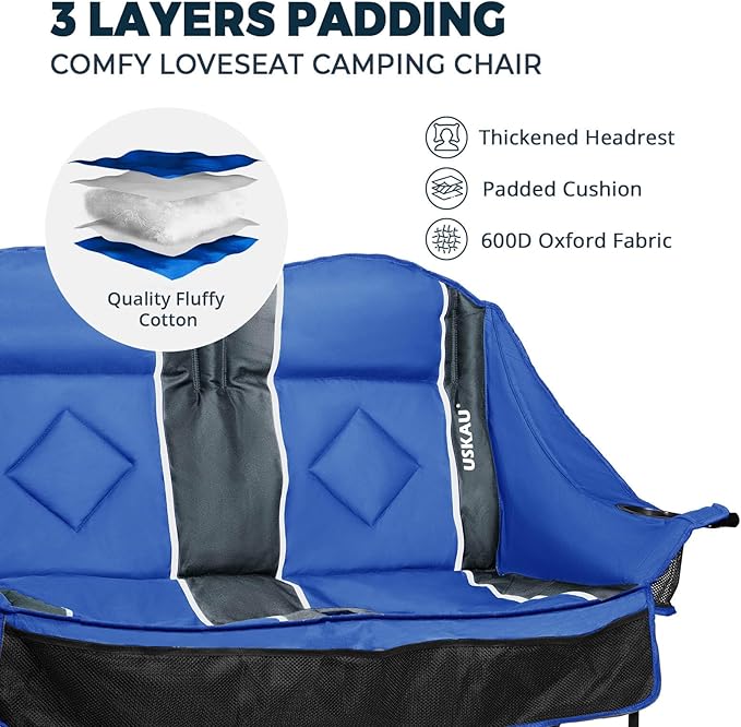 Oversized Double Camping Chair - 2 Person Portable Folding Outdoor Loveseat Heavy Duty Lawn Chairs for Adults with Padded Cushion & Dual Cup Holders, Supports 660LBS for Camping，Sports，Picnic