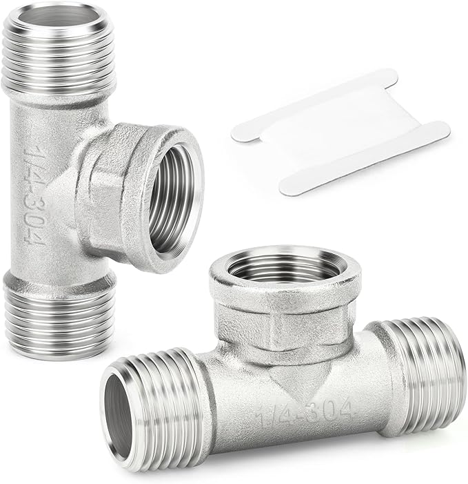 TAISHER 2PCS 304 Stainless Steel Tee Pipe Fittings, 1/4" NPT Male x 1/4" NPT Female x 1/4" NPT Male Pipe Fittings, Female Branch Tee