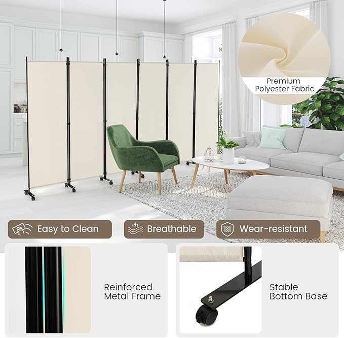 Giantex 6 Panel Room Divider, 132''W x 68''H Large Folding Privacy Screen, Rolling Partition Room Dividers for Home Office Studio Separation, Freestanding Fabric Wall Divider Screen on Wheels, Beige