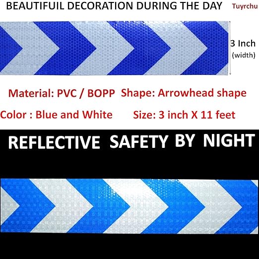 Blue White Reflective Tape Outdoor Waterproof 3 inch, High Visibility Conspicuity Safety Industrial Marking Tape (11 feet)