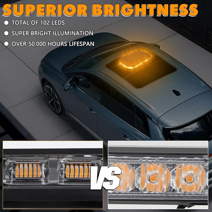14 Inch 20 Modes 102LED Rooftop Magnetic Strobe Lights, Emergency Traffic Warning Flashing Beacon Light Bar with Controller for Trucks, Cars, Vehicles and Snowplows, Amber/White