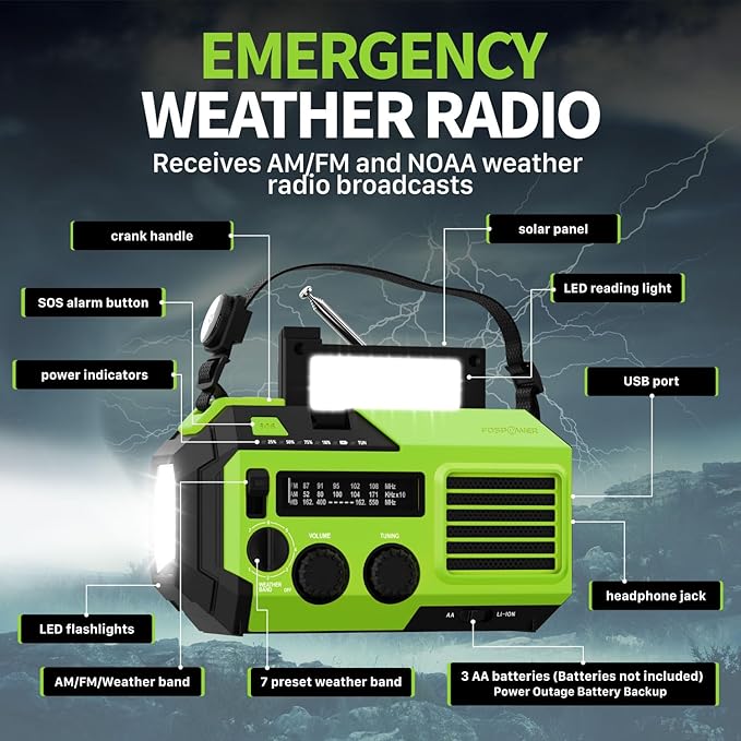 FosPower NOAA Emergency Weather Radio A6 19240mWh Portable Power Bank, AM/FM, USB/Solar/Hand Crank Charging, Battery Operated, SOS Alarm & Flashlight for Indoor/Outdoor Emergency - Green