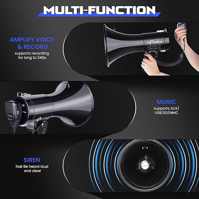 MyMealivos 50W Megaphone Speaker with Rechargeable Battery, Cover up to 1600ft Large Outdoor Space, Bulit in Sirens, 240s Recording and Sound Amplification, Supports AUX/USB/SD Card Input-Black
