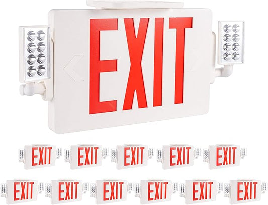Gruenlich LED Combo Exit Sign, Emergency Light with 2 Adjustable Heads and Double Face, Back Up Batteries- US Standard Red Letter EXIT, UL 924 Qualified, 120-277 Voltage, 12-Pack