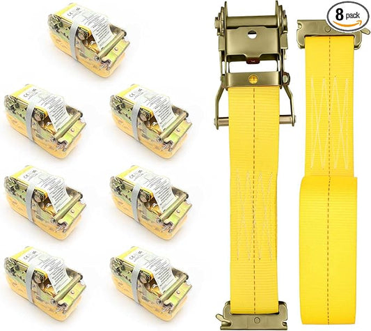 8Pack E-Track Straps Ratchet Etrack Strap Box Truck Strap Tie Down Heavy Duty 2" x15' 4400lbs Breaking Load, 2200 Working Load E-Track Accessories Yellow