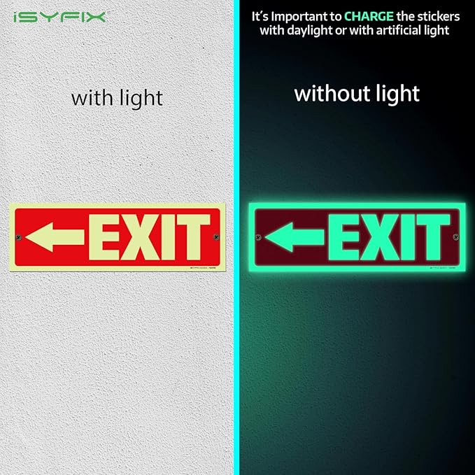 iSYFIX Exit Signs with Directional Left Arrow - 2 Pack 12x4 Inch Glow in the Dark for Business, School, Office, Warehouse - Durable 40 Mil Polystyrene, UV Laminated, Waterproof, Scratch & Fade Resistant