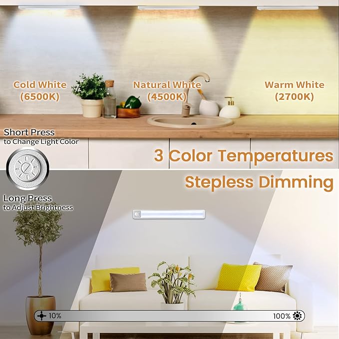 Under Cabinet Lights Rechargeable Under Counter Lights for Kitchen, 188 LED Closet Light Motion Sensor Light Indoor, Dimmable Magnetic Under Cabinet Lighting, 2-Pack
