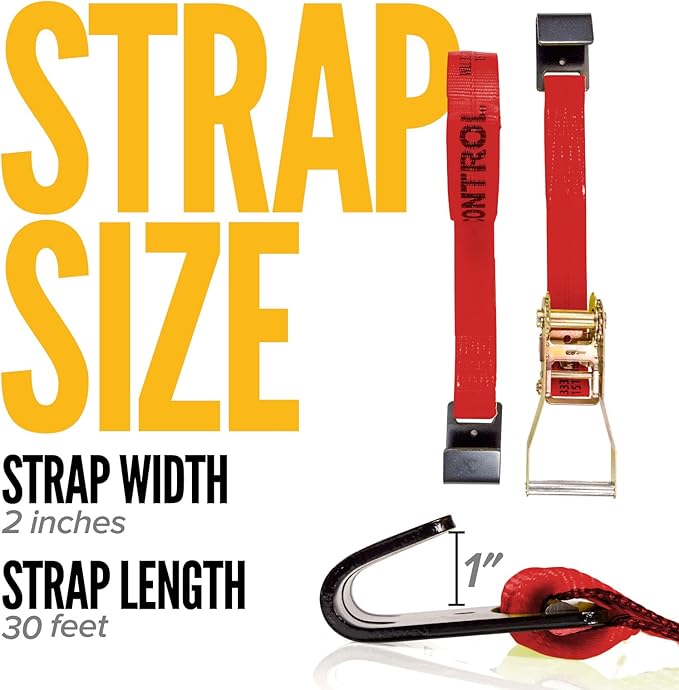 US Cargo Control Flat Hook Ratchet Straps 2 Inch X 30 Foot (4-Pack), 10,000 LBS Break Strength, Red Heavy Duty Ratchet Straps with Black Flat Hooks, Tie Downs for Flatbed Trailer