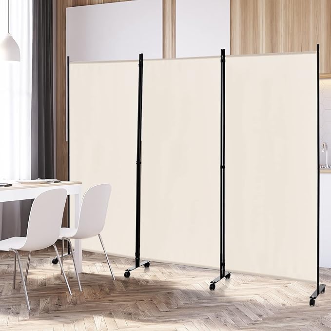 Giantex 3 Panel Room Divider with Wheels, 103''W x 71''H Folding Privacy Screen, Rolling Partition Room Dividers for Home Office Studio, Freestanding Fabric Wall Divider for Room Separation, Beige