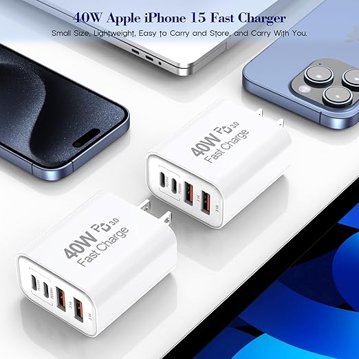 40W iPhone 17 16e 15 Charger Block Fast Charging,2Pack USB C Wall Charger,4-Port Fast USB Wall Adapter PD + QC Multiport Block Cube for iPhone 17 Air/17 Pro/Pro Max/16/16 Pro/15/14/13/12/11/Pro Max/XS