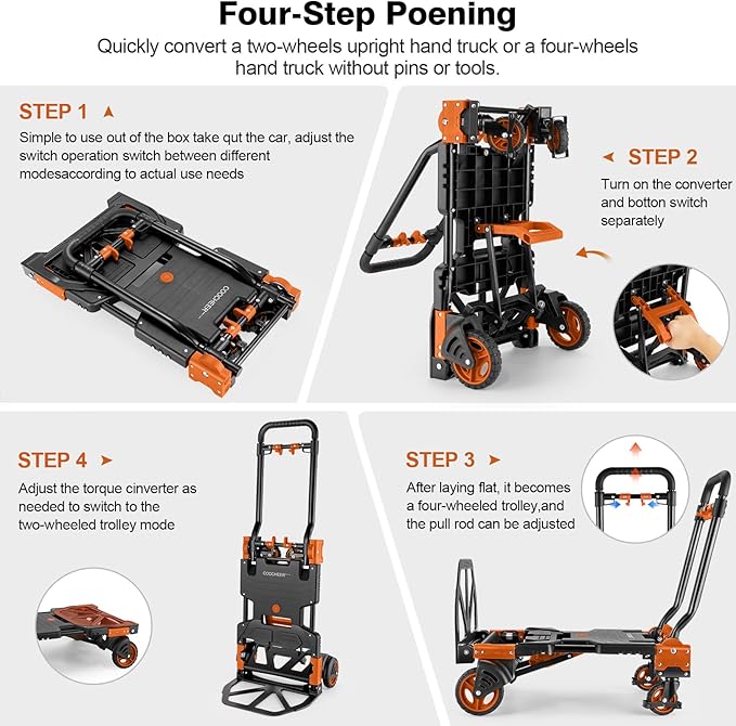 2-in-1 Folding Hand Truck Dolly 330LB Load Carrying, Hand Truck Foldable Dolly with Retractable Handle and 4 Rubber Wheels, Portable Folding Hand Cart for Moving/Travel/Office(Orange)