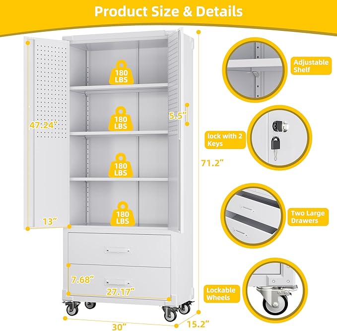 Garage Storage Cabinet with 2 Drawers and Pegboard, Metal Storage Cabinet with 2 Lockable Doors for Garage Home Office,Required Assembly,White,71.2" H*15.2" D*30" W