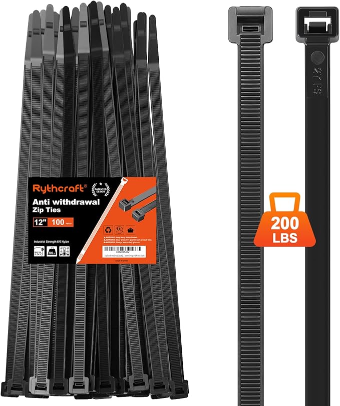 Zip Ties Heavy Duty 18 inch 200 LBS Tensile Strength Cable Ties ，Extra Large Wire Ties Adjustable Nylon Tie Wraps for Indoor Outdoor Patented Design（100 Pack Black）