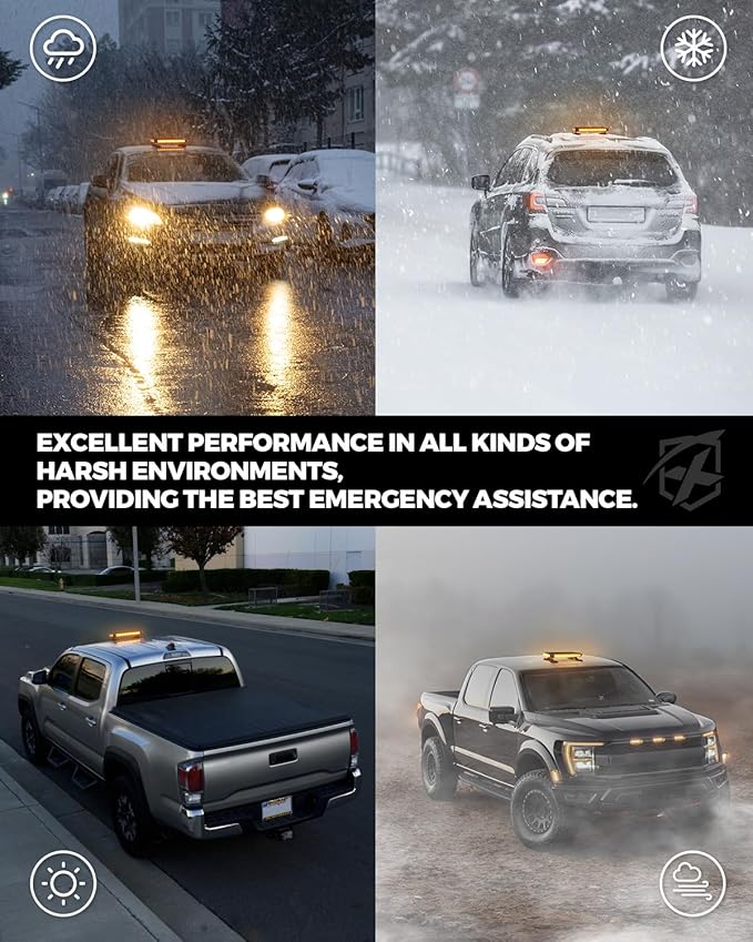 Xprite Amber 32 LED Strobe Flashing Light Bar, 21 Flash Modes 14.5 Inch Emergency Hazard Warning Beacon Lights with Magnetic Base for Tow Vehicles Trucks Car Trailer Tractor Snow Plow Roof Safety