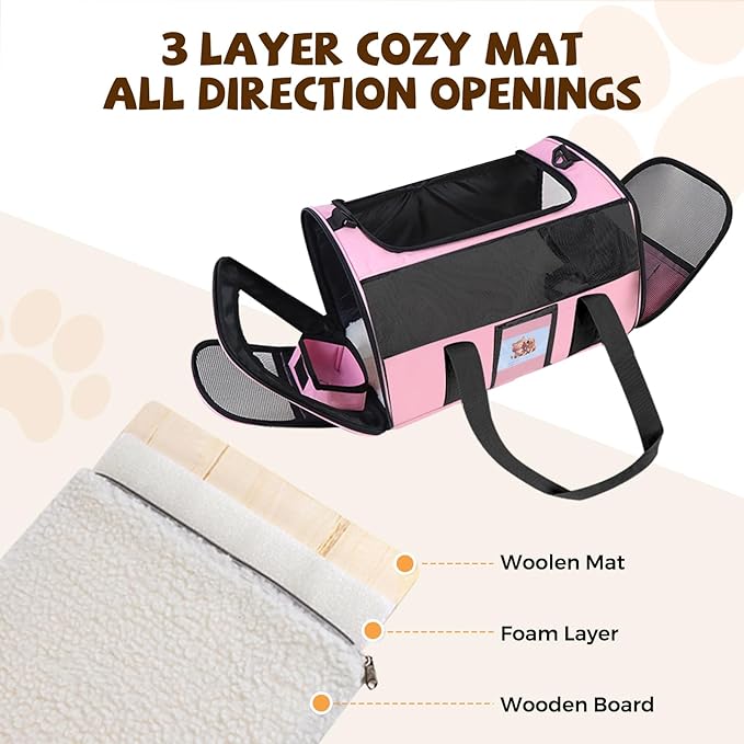 Cat Carrier Soft for Pets Up to 15 Lbs, Cat Travel Bag with Padded Shoulder Strap and Detachable Cat Food Bowl, Pet Dog Carriers for Small Dogs Travel Puppy Carry Airline Approved, Pink
