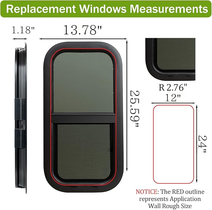 12"x24" RV Window - Vertical Sliding Teardrop Style, DOT-Certified Tempered Glass & Trim Set, Aluminum Alloy Frame w/Mesh Screen
