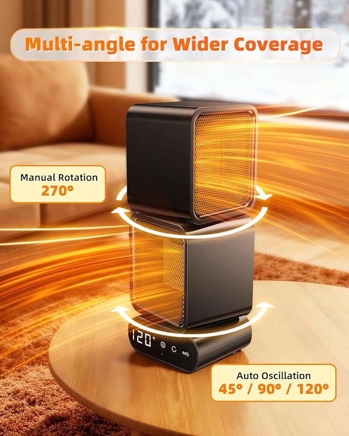 Portable Dual-Head Space Heater, 270° Manual Rotation, Auto Oscillation 45°/90°/120°, Energy Efficient Desktop Heater with Remote, 3 Modes, 5 Timer for Indoor Office Home Bedroom Use