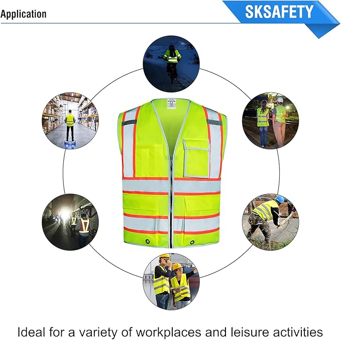 SKSAFETY 10 Pockets Safety Vest, Class 2 High Visibility Security with Zipper, Hi Vis Vest with Reflective Strips, ANSI/ISEA Standard, Construction Work Vest for Men ＆ Women （Lime, 4XL）