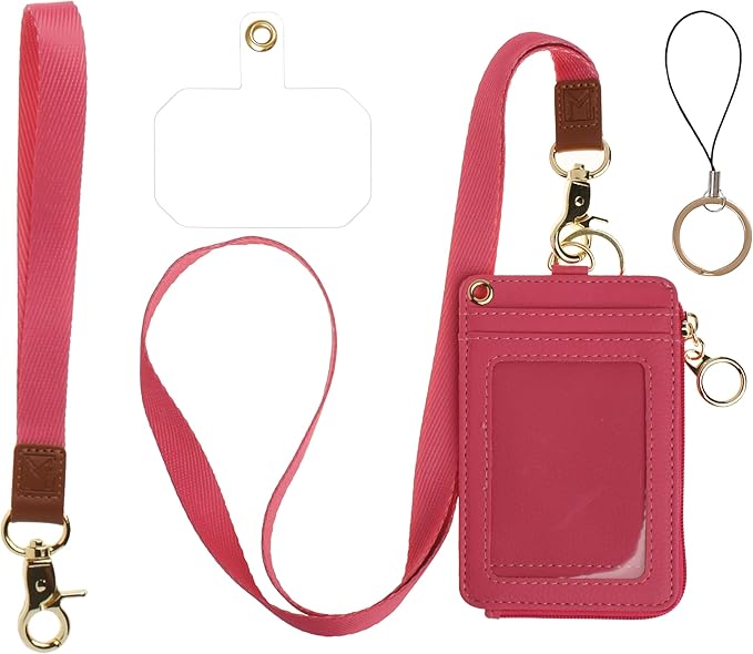 2-in-1 ID Badge Holder & Lanyard Wallet - Multi-Use Womens Small Wallet with Removable Wristlet & Neck Lanyard, Clear Window, 5 Card Slots, Phone Holder, Ring Keychain - Hot Pink