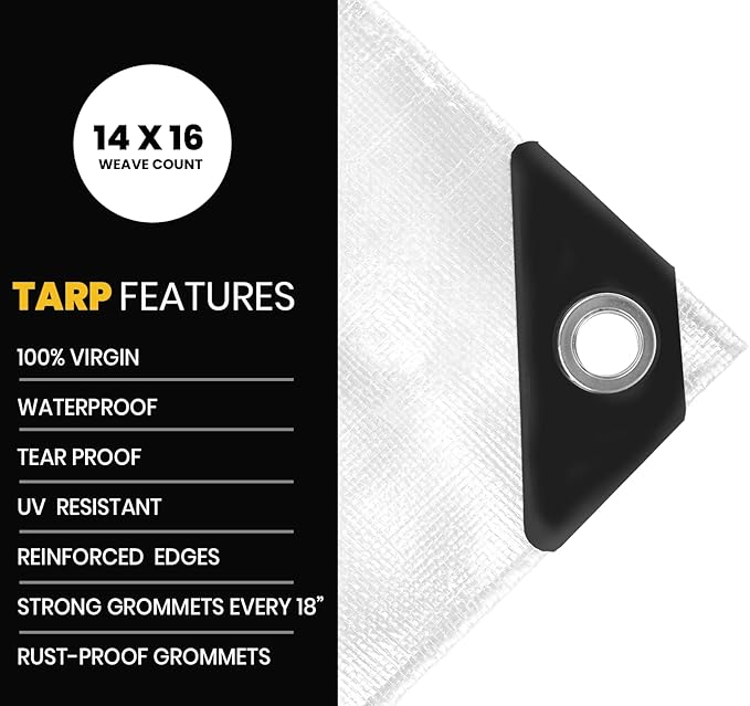 PROTARP Extra Heavy Duty 16 Mil Tarp Cover, Waterproof, UV Resistant, Rip and Tear Proof, Poly Tarpaulin with Reinforced Edges for Roof, Camping, Patio, Pool, Boat. (White 25′ X 45′)