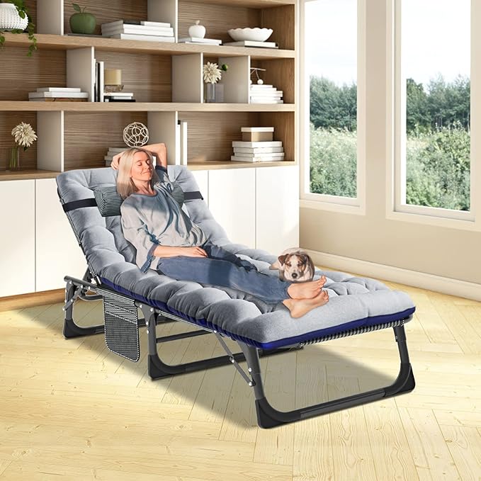 ABORON Patio Lounge Chair, Folding Guest Bed Cot for Adults, 500LB Heavy-Duty Capacity, Portable Extra Bed with Comfort Mat, Quick Fold Design for Indoor Guest Stays & Temporary Use