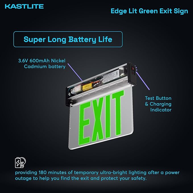 KastLite LED Emergency Edge-Lit Exit Sign, 180 Min Backup, Damp Rated, Green Letters, UL Listed, 120/277V, Acrylic Panel - 2 Pack