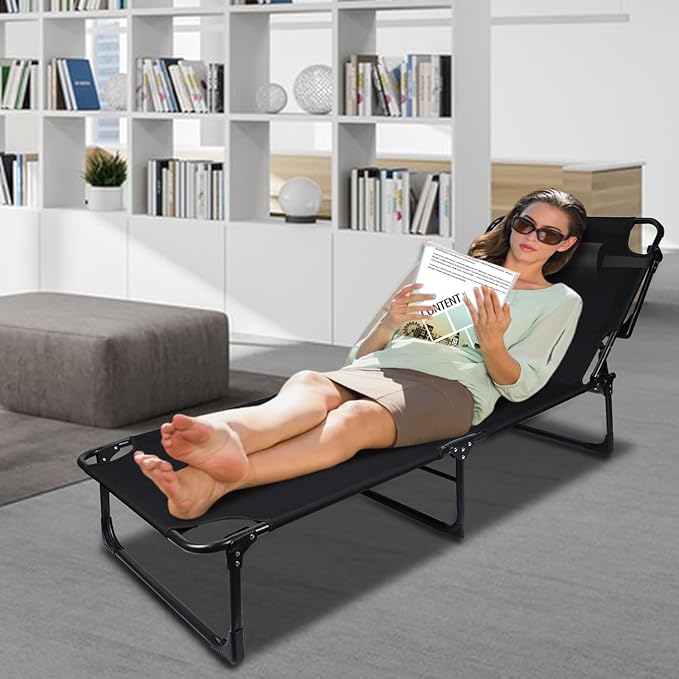 Camping Cot with Mattress, Portable Folding Cot for Sleeping Reclining Folding Chaise Outdoor Lounge Chair Sleeping Cots for Adults with Adjustable 4-Position Supports 440 LBS for Office Home Outdoor