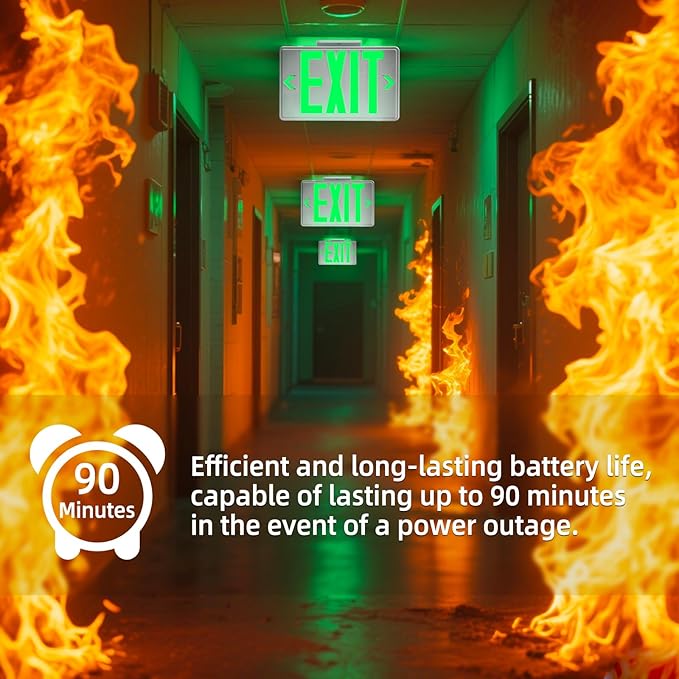 Green Exit Sign, LED Emergency Exit Sign with Battery Backup, Commercial Emergency Exit Light Combo for Business, 2 Adjustable Heads,120V/277V AC, UL-Listed, 4 Pack