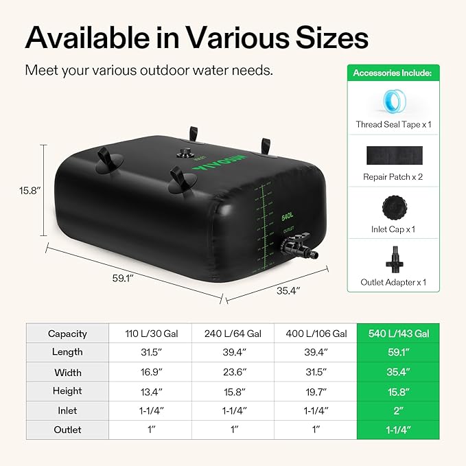 VIVOSUN 540 L/143 Gal Water Storage Bladder, Foldable and Portable Water Tank, Water Storage Bag Containers for RV, Camping, Garden, Irrigation, Drought Resistance, Firefighting