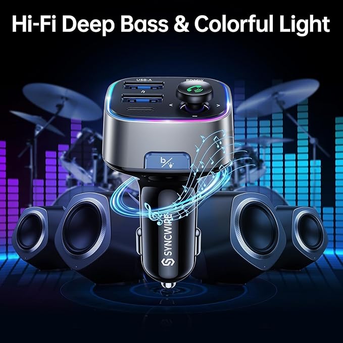 Syncwire Bluetooth 5.4 FM Transmitter Car Adapter 48W (PD 36W & 12W) [Light Switch] [Hi-Fi Deep Bass] [Fast Charge] Wireless Radio Music Adapter LED Display Hands-Free Calling Support USB Drive
