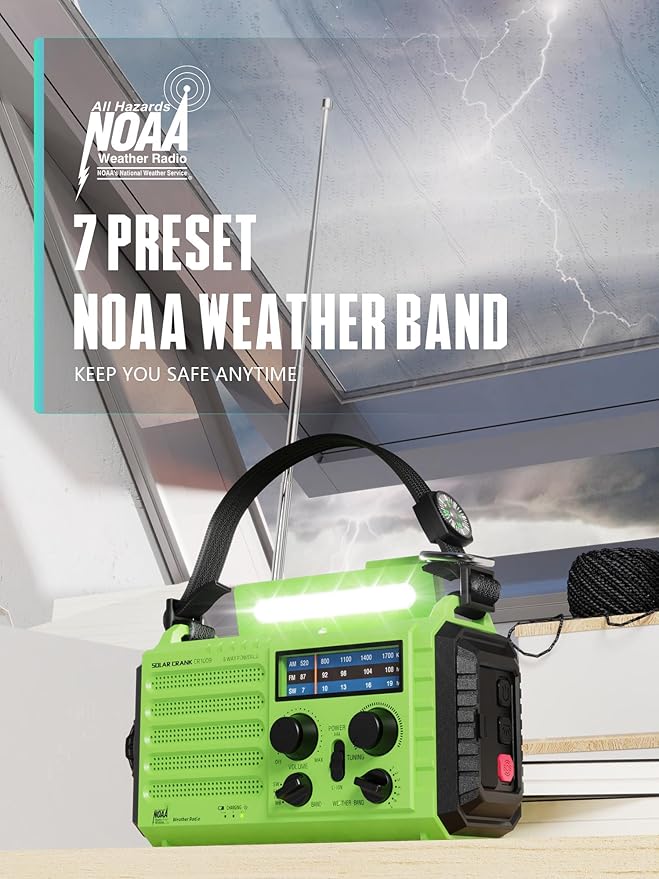 Emergency Radio, 5000 Hand Crank Solar NOAA Weather Radio, AM/FM Portable Battery Operated Radio with 5-Way Power, Phone Charger, Flashlight & Lamp, Compass, Earbud Jack, SOS Alert for Home, Survival