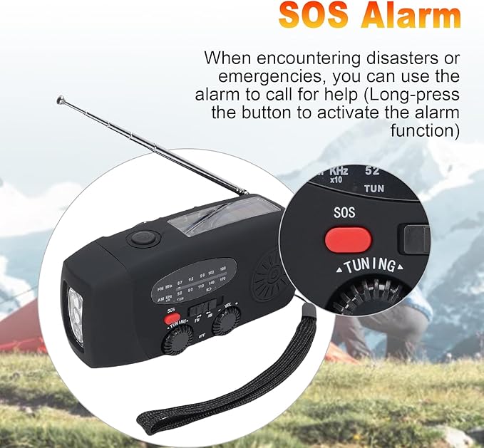 2000mAh Wind Up Radio, Portable Solar Emergency Radio with SOS Alarm, AM FM Weather and Torch, for Power Outage Camping Hiking (Black)