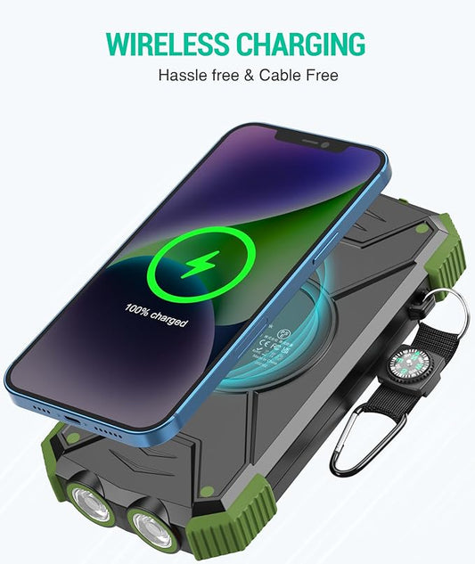 BLAVOR Solar Power Bank 10,000mAh, Portable Wireless Charger, 20W Fast Charging External Battery Pack with USB C for Cell Phones, Solar Panel Charger with Dual Flashlight for Camping