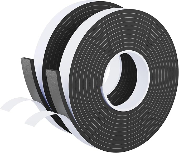 Weather Stripping Door Seal Black,1Inch Wide X 1/4 Inch Thick,Air Conditioner Window Seal,Self Adhesive Foam Tape High Density Foam Sealing Strip,Soundproof Tape Roll,2 Rolls Total 32.8Ft