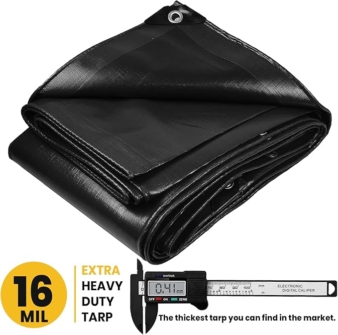 PROTARP Extra Heavy Duty 16 Mil Tarp Cover, Waterproof, UV Resistant, Rip and Tear Proof, Poly Tarpaulin with Reinforced Edges for Roof, Camping, Patio, Pool, Boat. (Black 10′ X 10′)