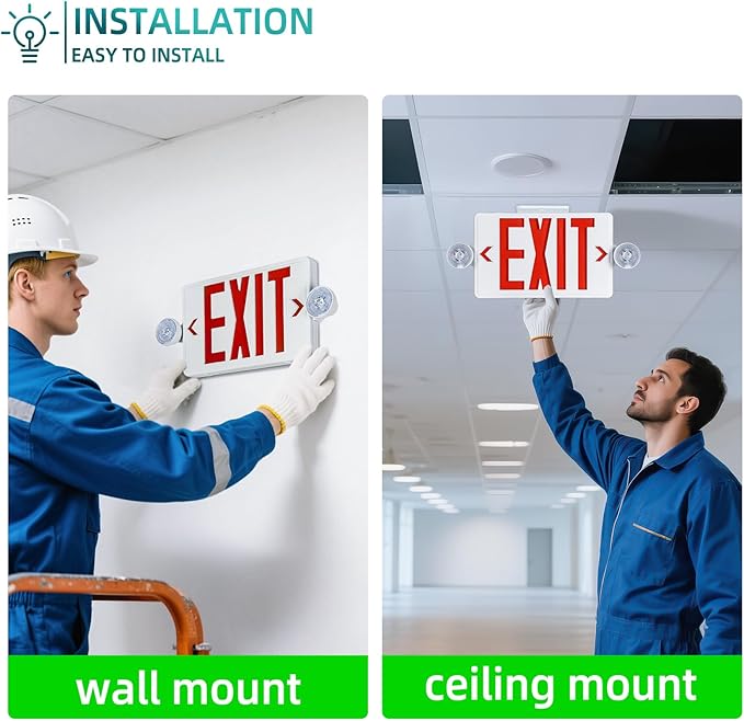 Exit Sign with Emergency Light, Commercial Exit Signs，Red Emergency Exit Light, 2 Adjustable Heads,Combo for Business, 120V/277V AC, UL-Listed, 2 Pack