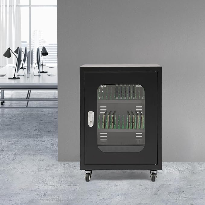 30 Slots Cell Phones Charging Station, Rechargeable Cellphone Locker Storage Charging Station, Mobile Charging Cart with Charging Ports, Wheels & Combination Lock (Black)